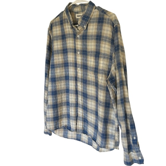 Taylor Stitch Blue and Cream Plaid Button Down Shirt 100% Linen 42 Lightweight - Picture 3 of 8